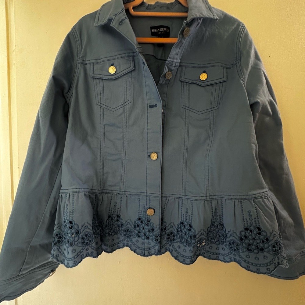 Susan Graver Light Blue Denim Jacket with Embroidered Hem